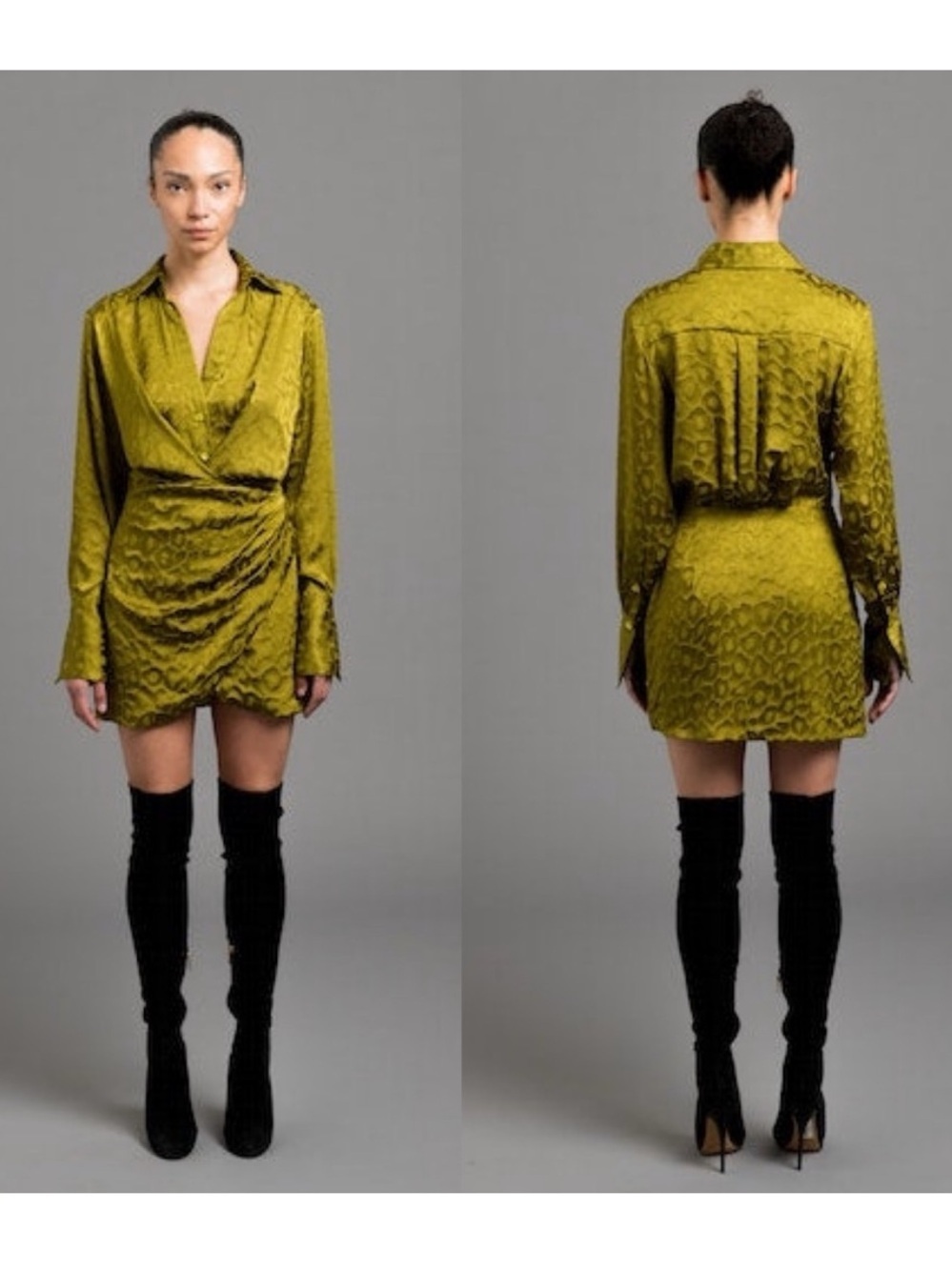 Le Superbe Monmarte Chartreuse Green Satin Wrap Shirt Mini Dress 12 Anthropolgie